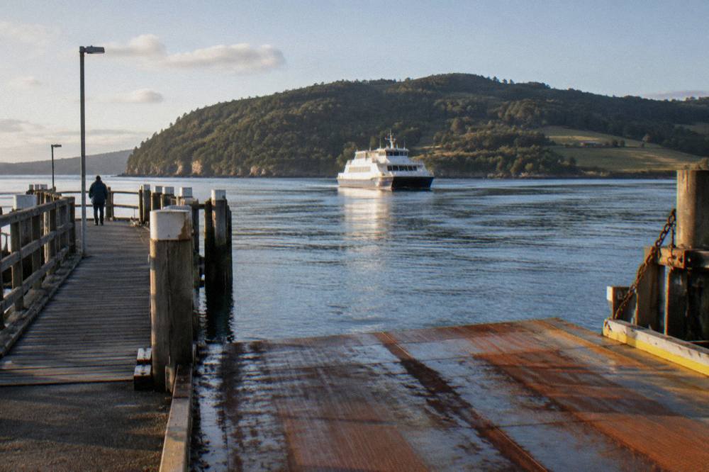 A passenger ferry crossing calm water toward Bruny Island's green hills