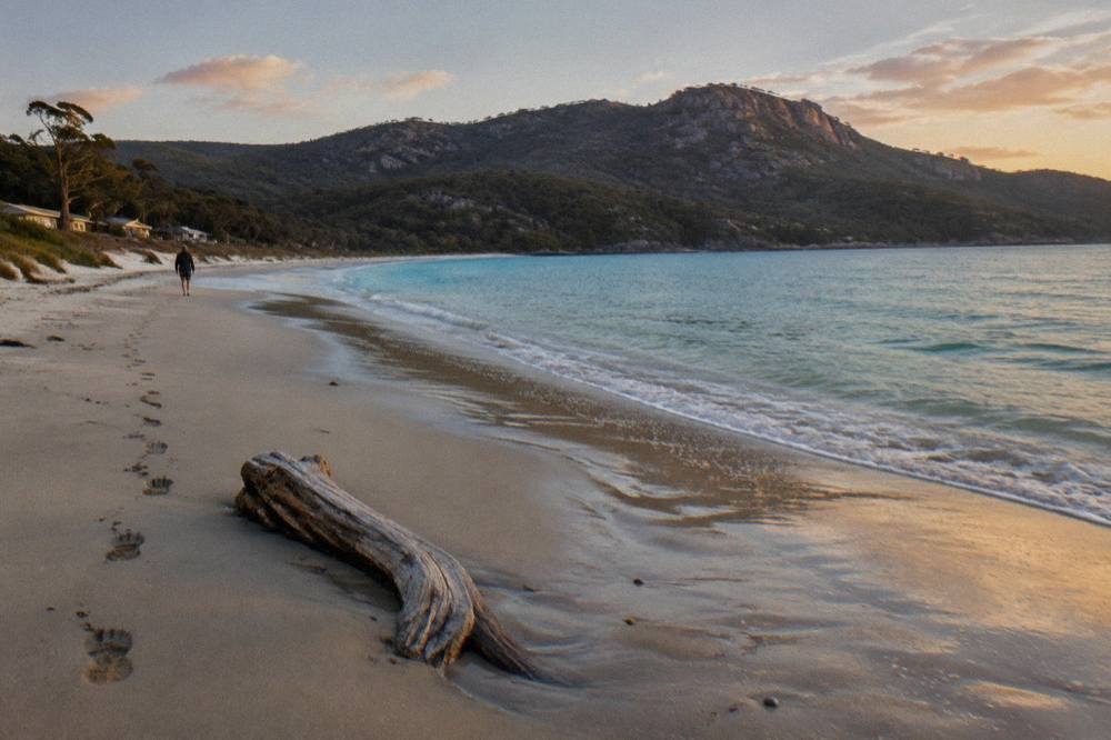 A long sandy beach at Adventure Bay with calm turquoise water and forested hills in the background